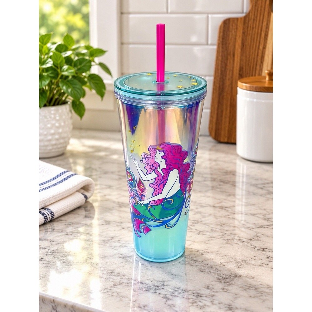 New Starbucks Mermaid Multi Colored 24oz Tumbler With Reusable Straw